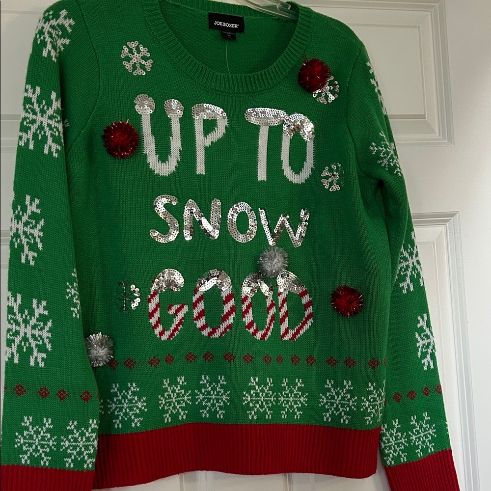 Joe Boxer Festive Green Sweater with Red and Silver Accents